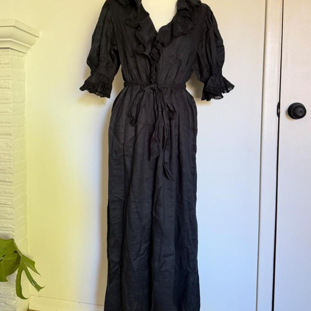 DOEN Harriette black maxi dress with ruffle detailing and tie waist